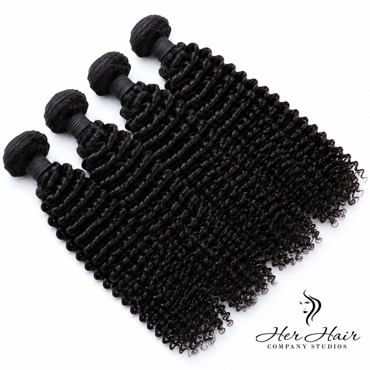 Brazilian kinky curly hair bundles from Her Hair Company, four bundle deal with 12, 14, 16, and 18-inch hair extensions.