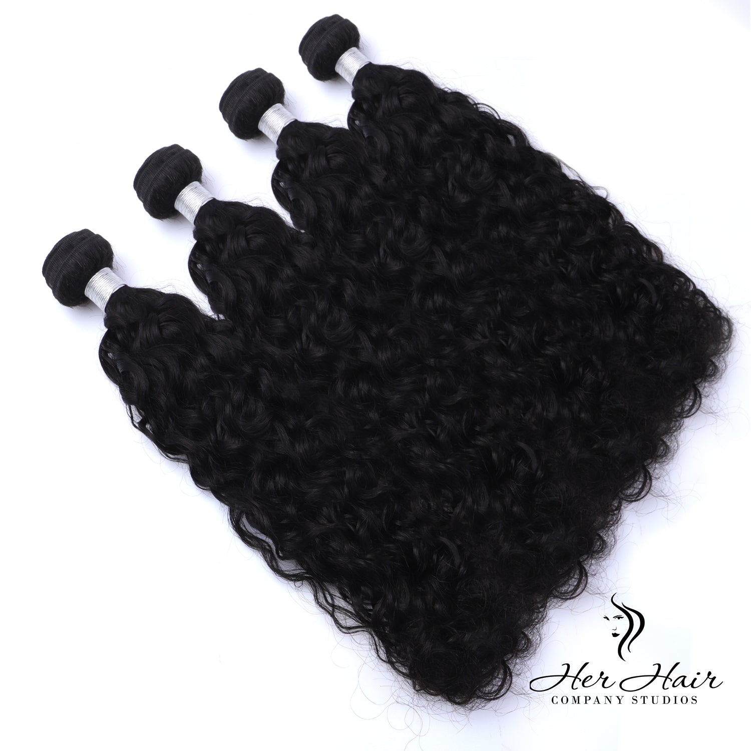 Brazilian wavy hair bundles from Her Hair Company, showing four standard bundles with natural wavy texture.