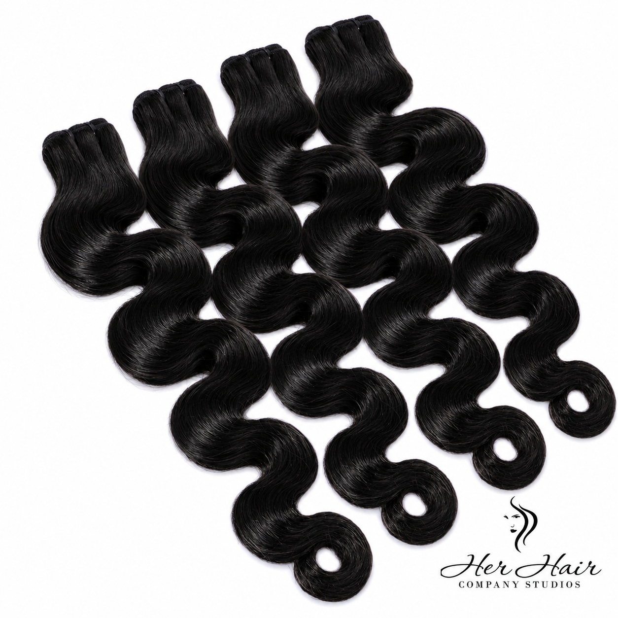 Her Hair Company Burmese Raw Body Wave Hair 4 Bundle Deal with 12, 14, 16, and 18-inch bundles on a standard bundle.