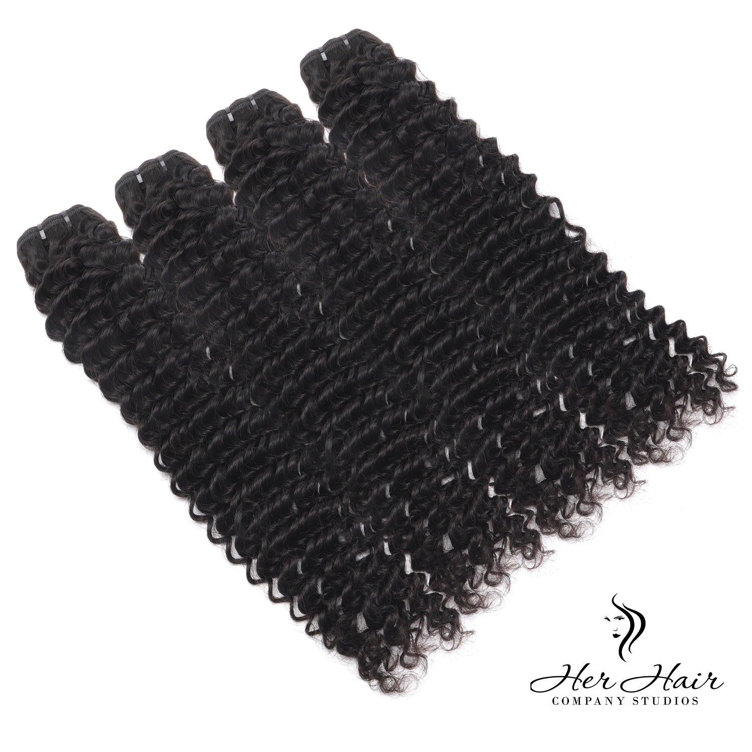 Burmese raw deep curly hair bundles from Her Hair Company in a standard bundle deal, showcasing four natural curly hair bundles.