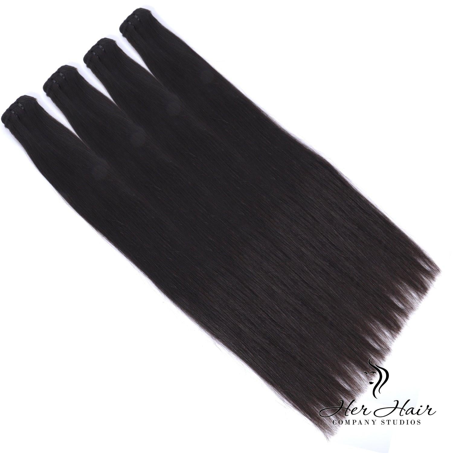 Set of four Burmese raw straight hair bundles from Her Hair Company, showcasing smooth, natural-looking straight hair for a full style.