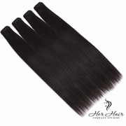 Four bundles of Burmese raw straight hair in 12, 14, 16, 18 inches from Her Hair Company, showcasing smooth, natural hair strands.