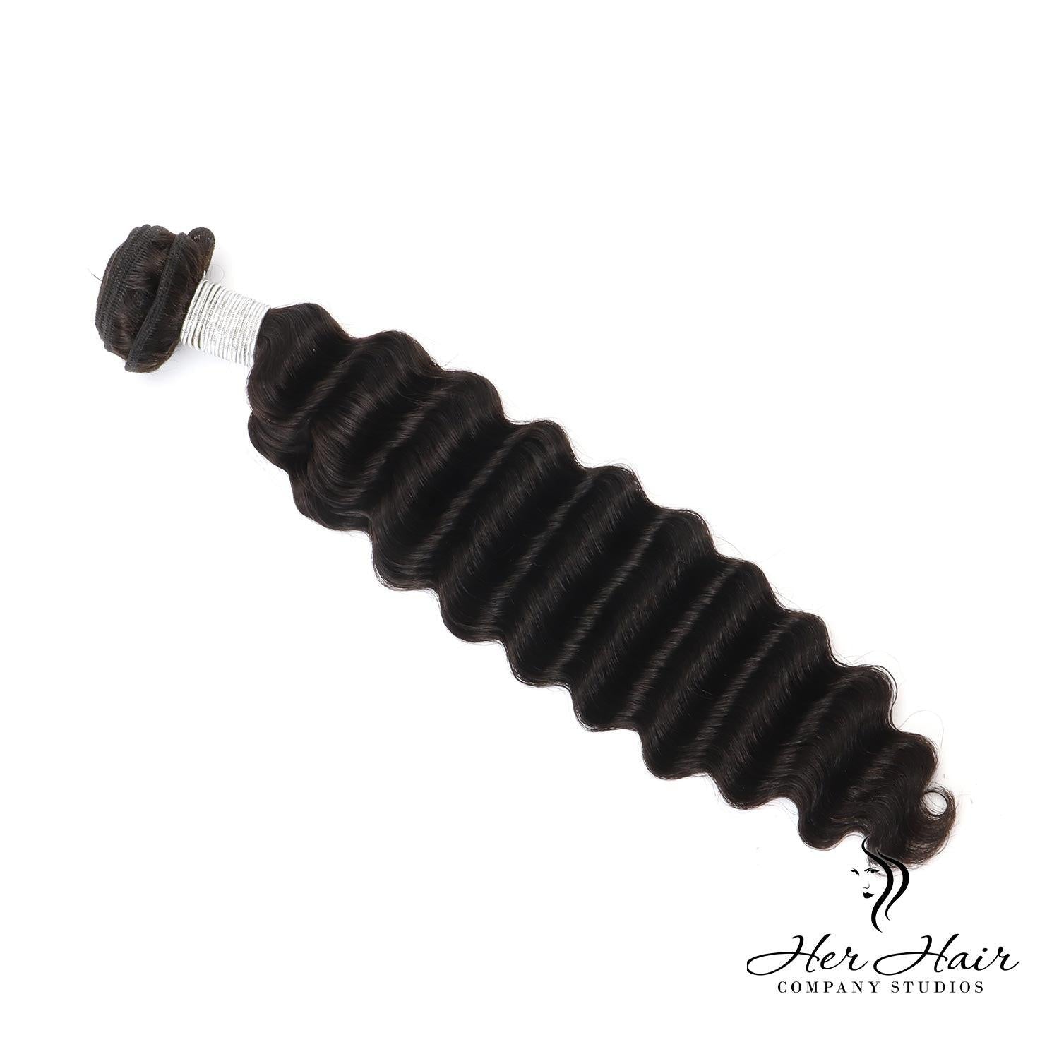 Brazilian Deep Wave hair bundle from Her Hair Company, showcasing thick, wavy 1-bundle with natural deep wave texture