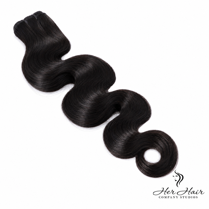 Burmese Raw Body Wave Hair bundle by Her Hair Company, natural straight hair with soft waves, standard bundle size.