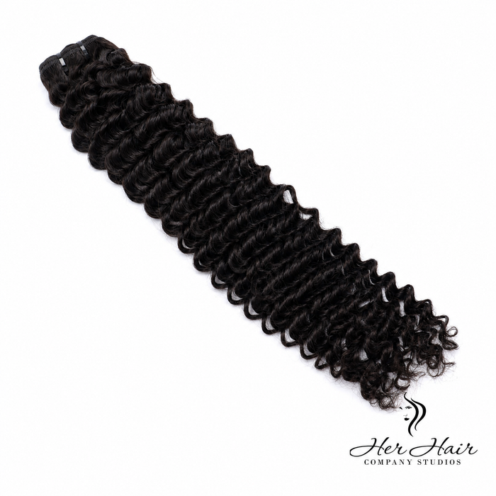 Burmese Raw Deep Curly Hair bundle by Her Hair Company featuring natural, textured deep curly hair extension.