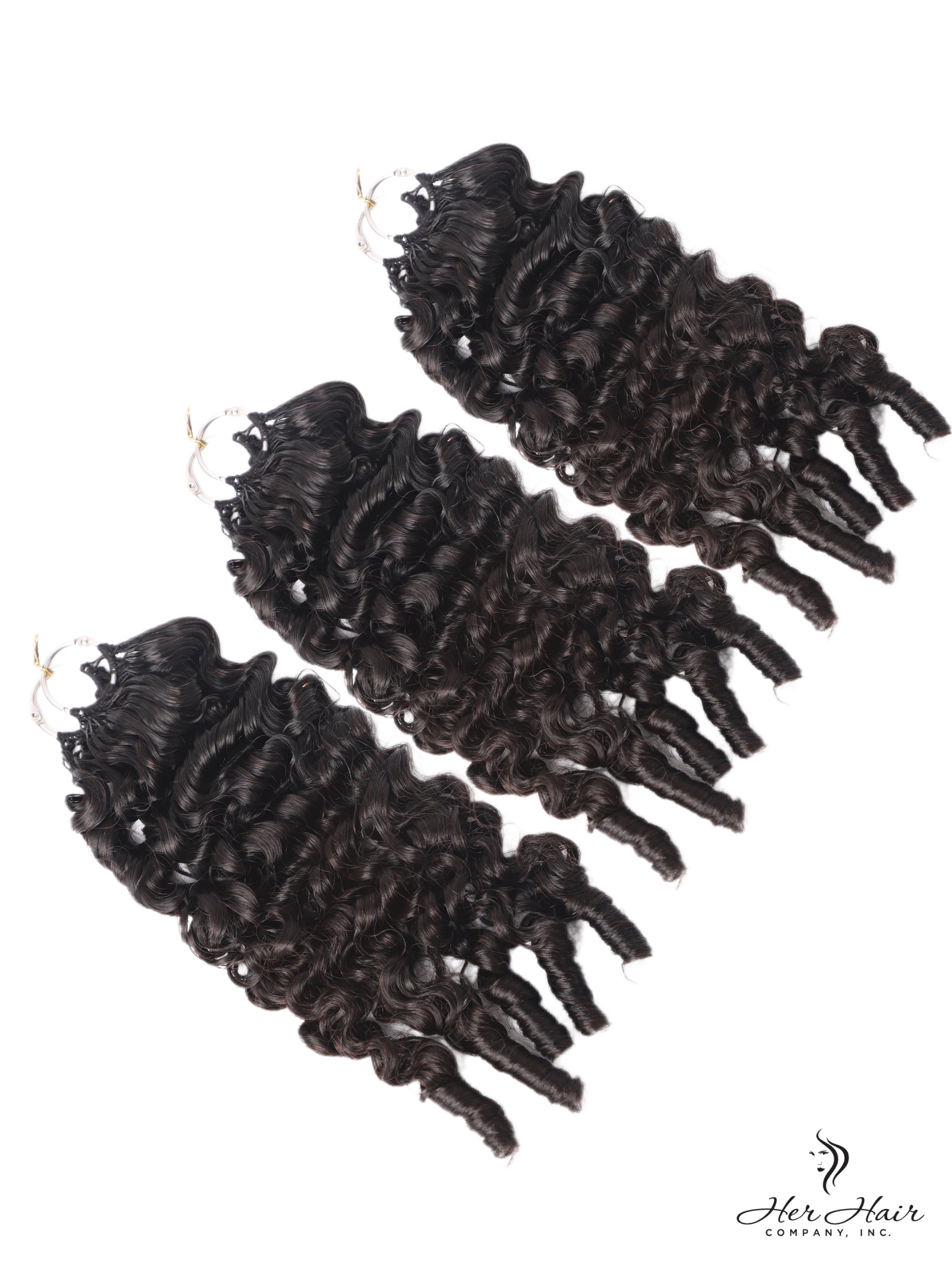Her Hair Company Burmese Spiral Crochet Hair Standard Bundle with virgin, curly, spiral crochet hair displayed in the image.