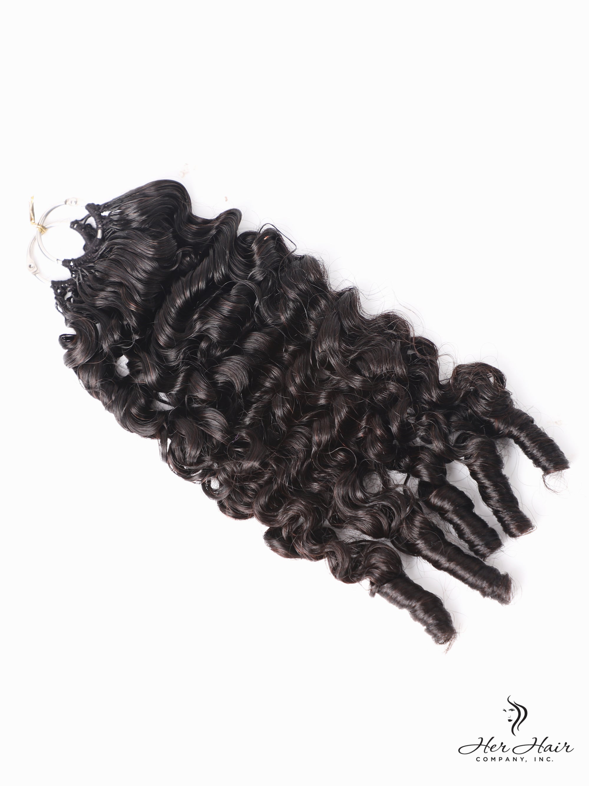 Burmese Spiral Crochet Hair in a standard bundle by Her Hair Company, showing soft, natural virgin hair with spiral curl pattern.