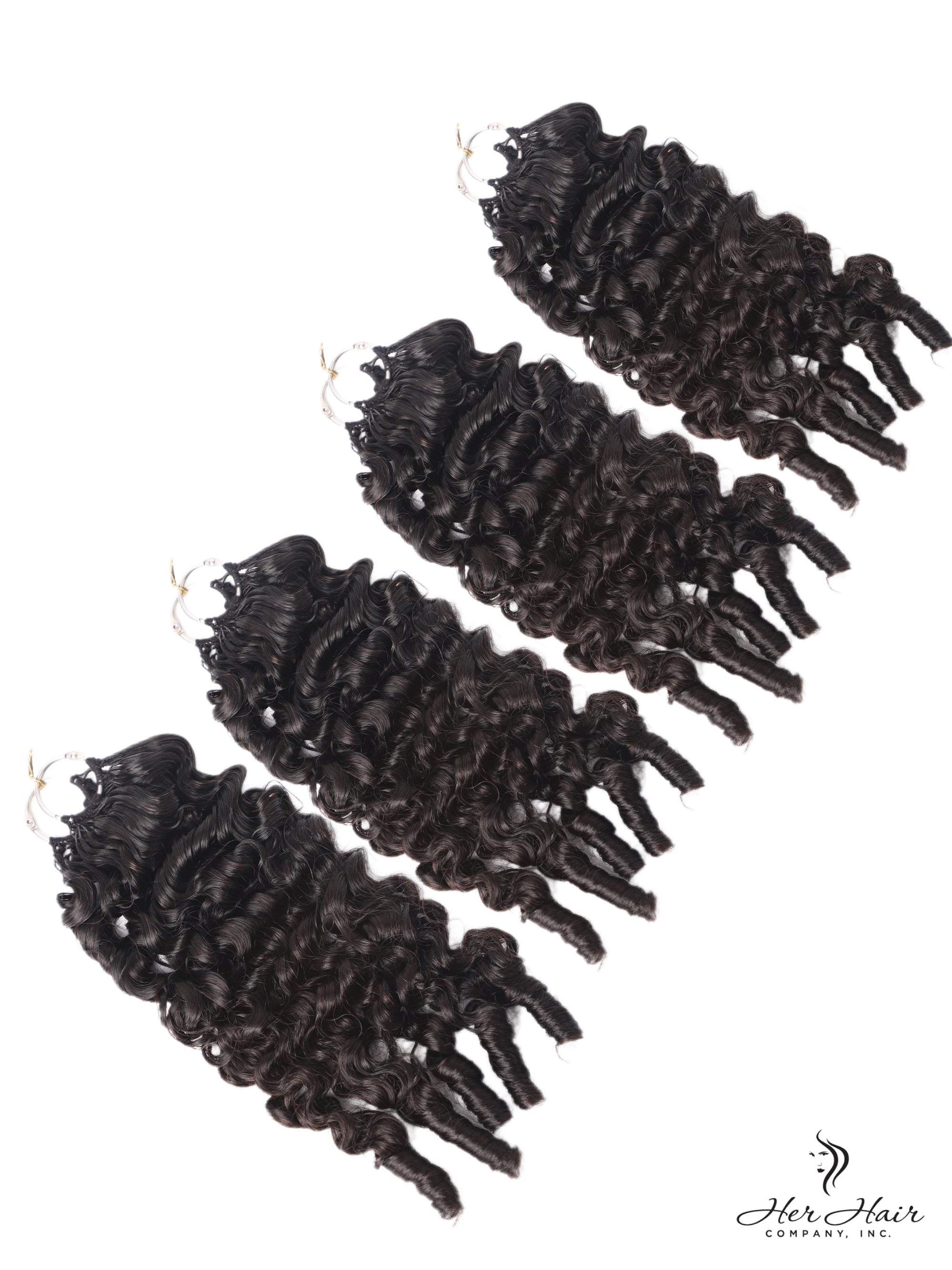 Burmese Spiral Crochet Hair Standard Bundle by Her Hair Company, showcasing soft, virgin, curly crochet hair with spiral weave pattern.