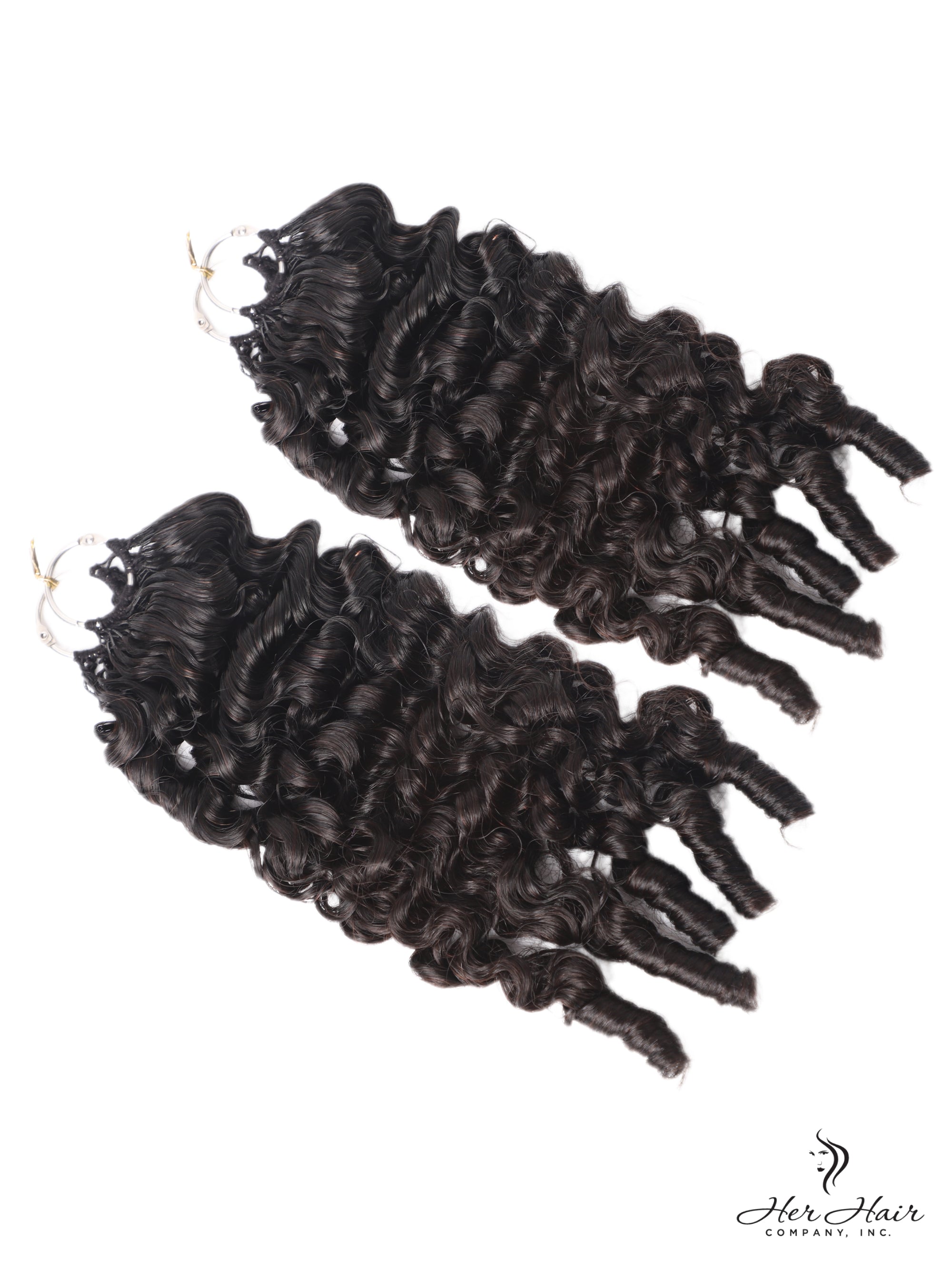 Burmese Spiral Crochet Hair standard bundle by Her Hair Company, showing dark virgin curly crochet hair strands.