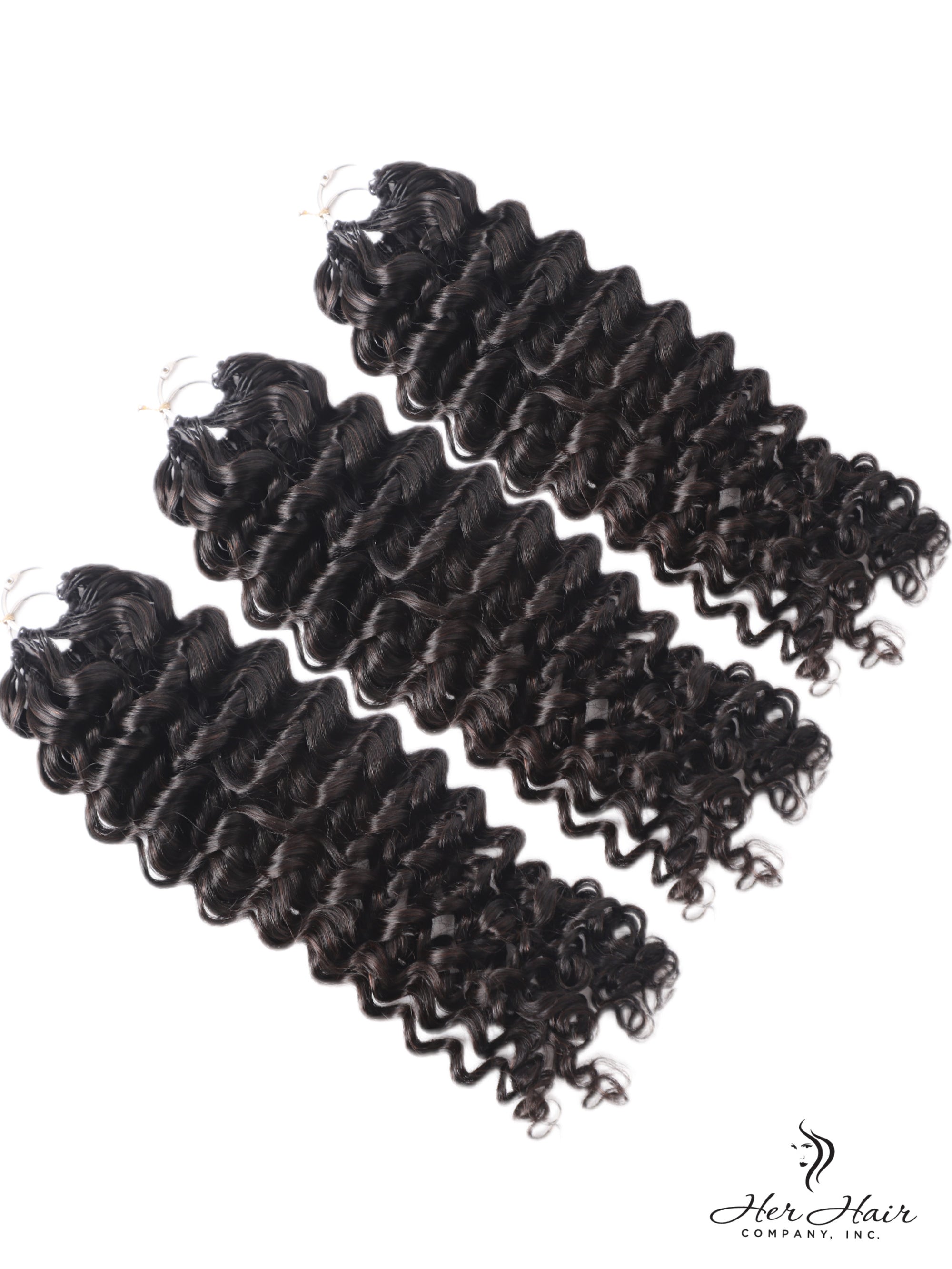 Deep curly crochet hair bundle by Her Hair Company, showing a standard bundle of virgin deep curly crochet hair.