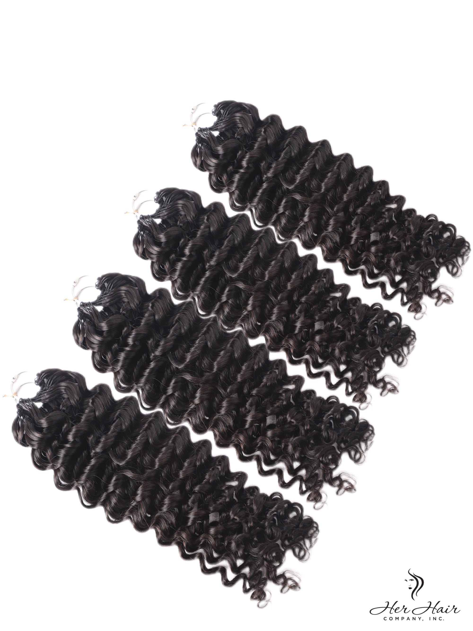 Deep curly crochet hair bundle by Her Hair Company, showcasing virgin, textured deep curl hair for natural crochet styles.