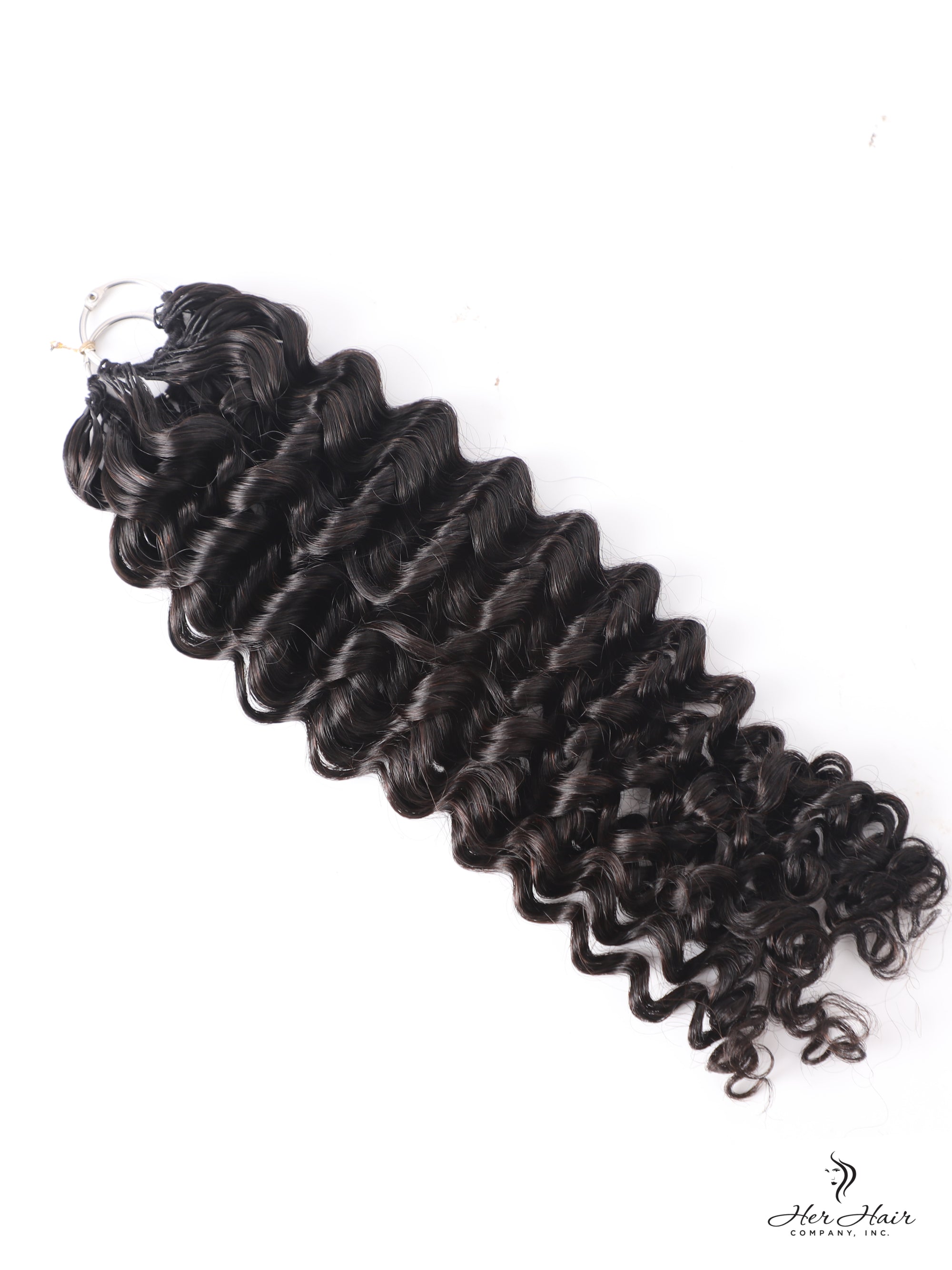 Deep curly crochet hair bundle from Her Hair Company, showcasing thick, textured virgin curly crochet hair strands.