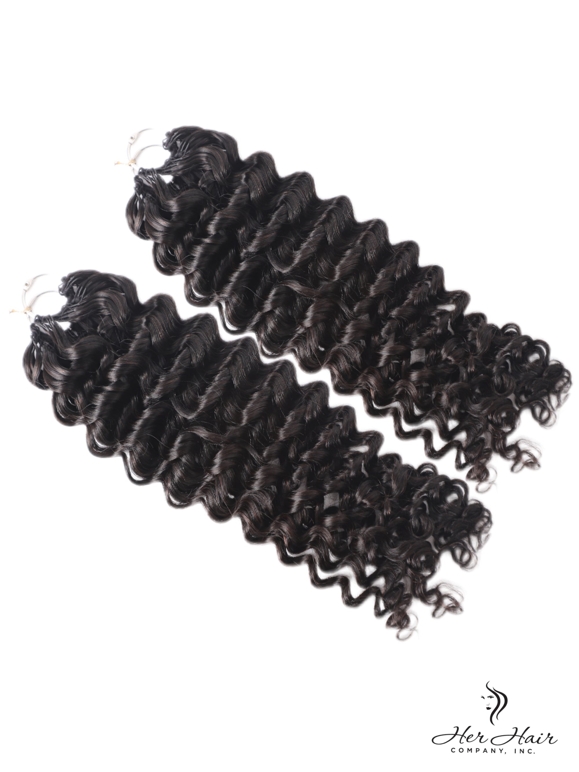Deep curly crochet hair bundle by Her Hair Company, showing thick, textured virgin crochet hair with deep curls.