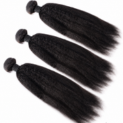 Brazilian kinky straight hair bundle by Her Hair Company with 16, 18, 20, 22-inch straight hair in a standard bundle.