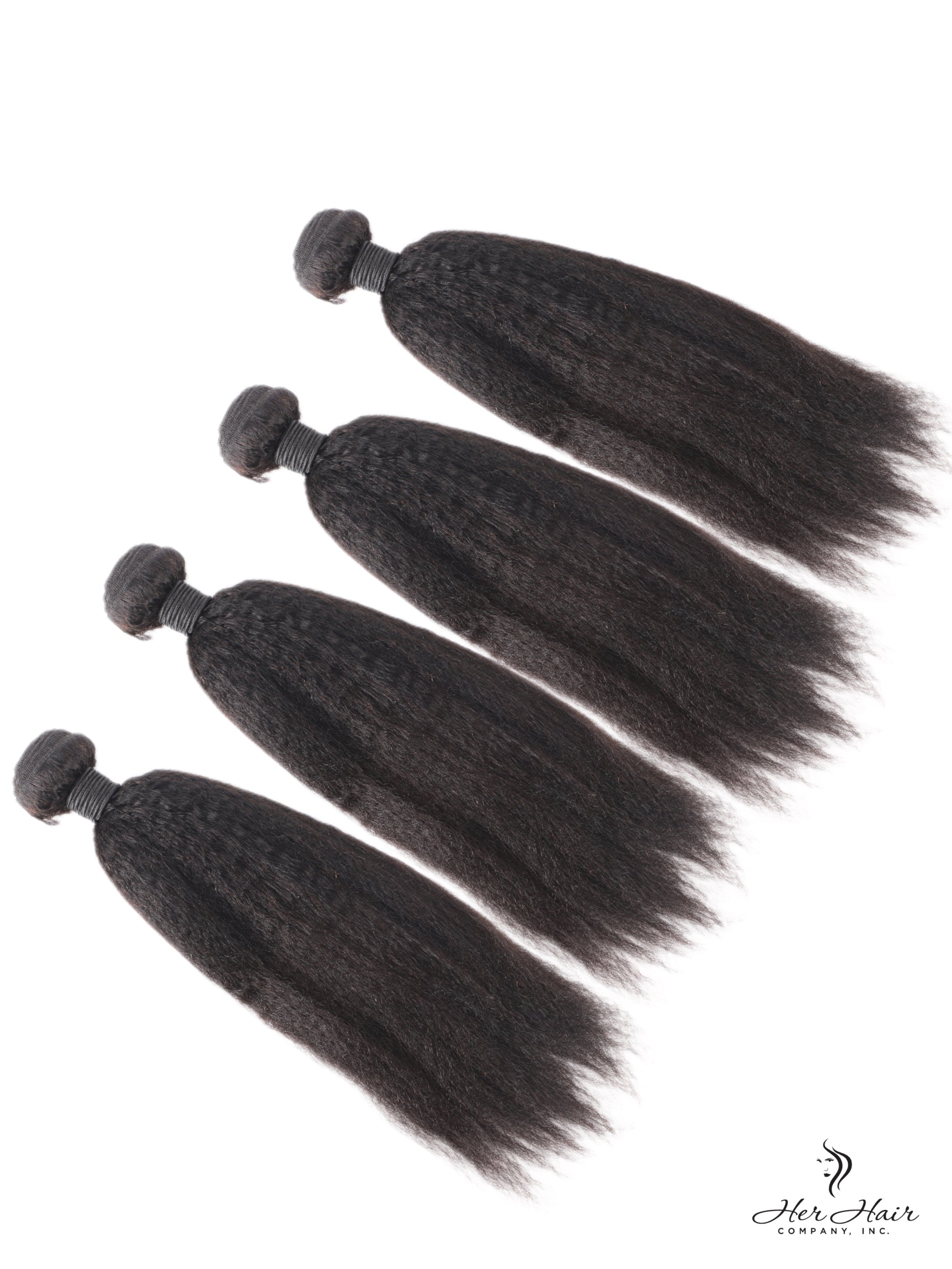 Brazilian kinky straight hair bundle from Her Hair Company, showing thick, natural straight virgin hair with subtle kinky texture.