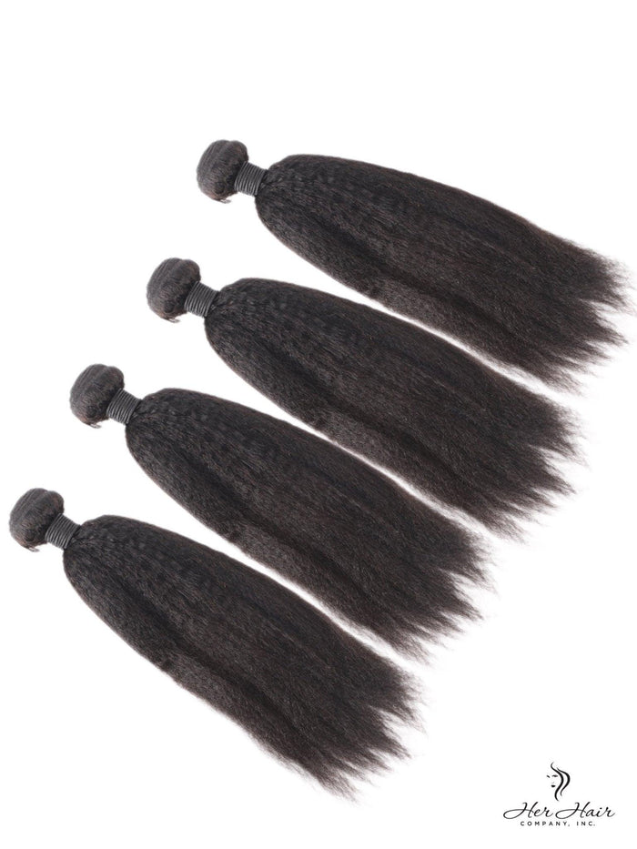 Brazilian Kinky Straight Hair bundle from Her Hair Company with 16, 18, 20, 22-inch strands displayed.