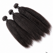 Brazilian Kinky Straight Hair bundle from Her Hair Company, showing natural textured hair in 16-22 inch lengths, four bundle deal.