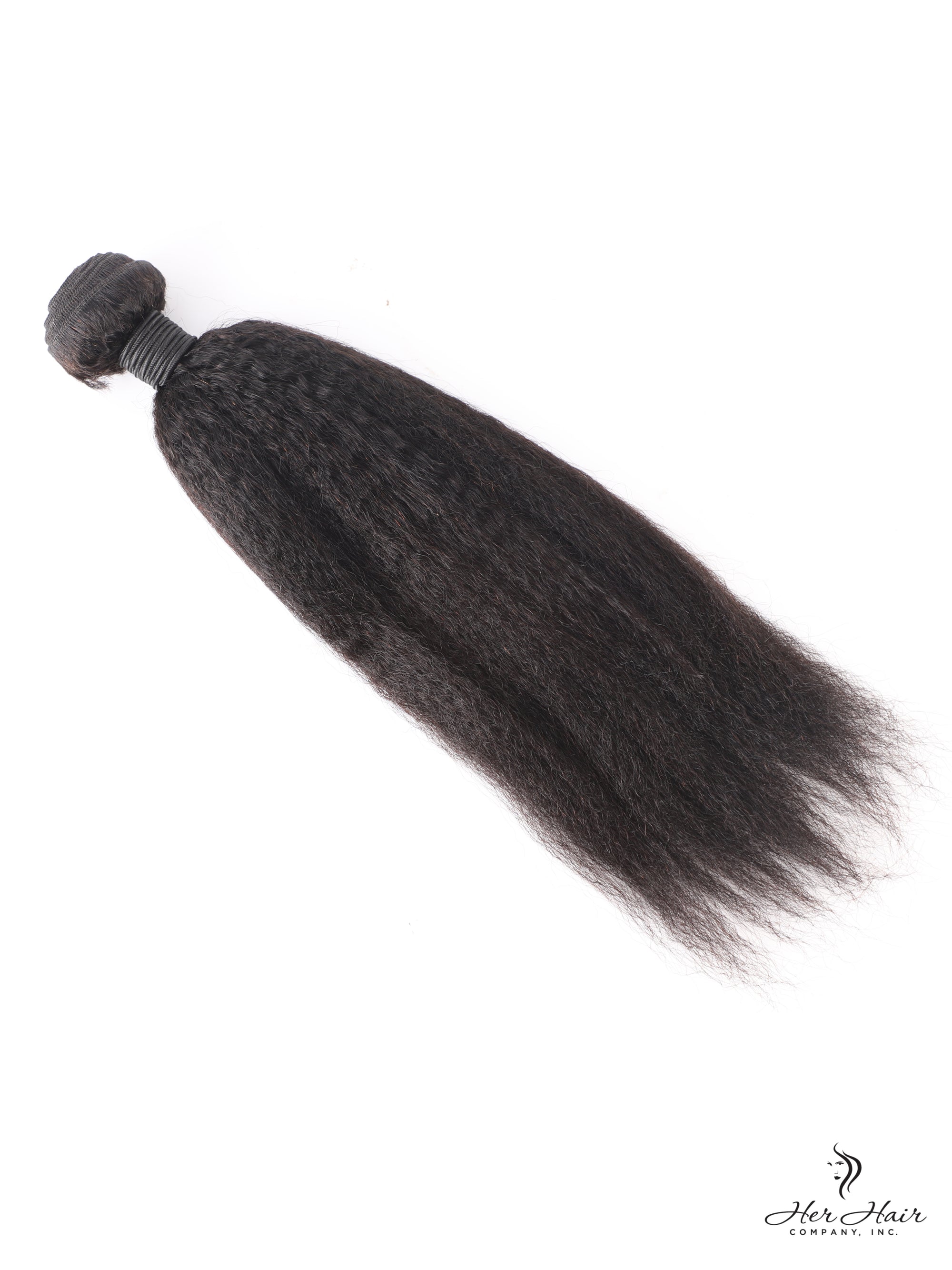 Brazilian kinky straight hair bundles and closure from Her Hair Company, showing the natural straight hair texture and standard frontal closure.