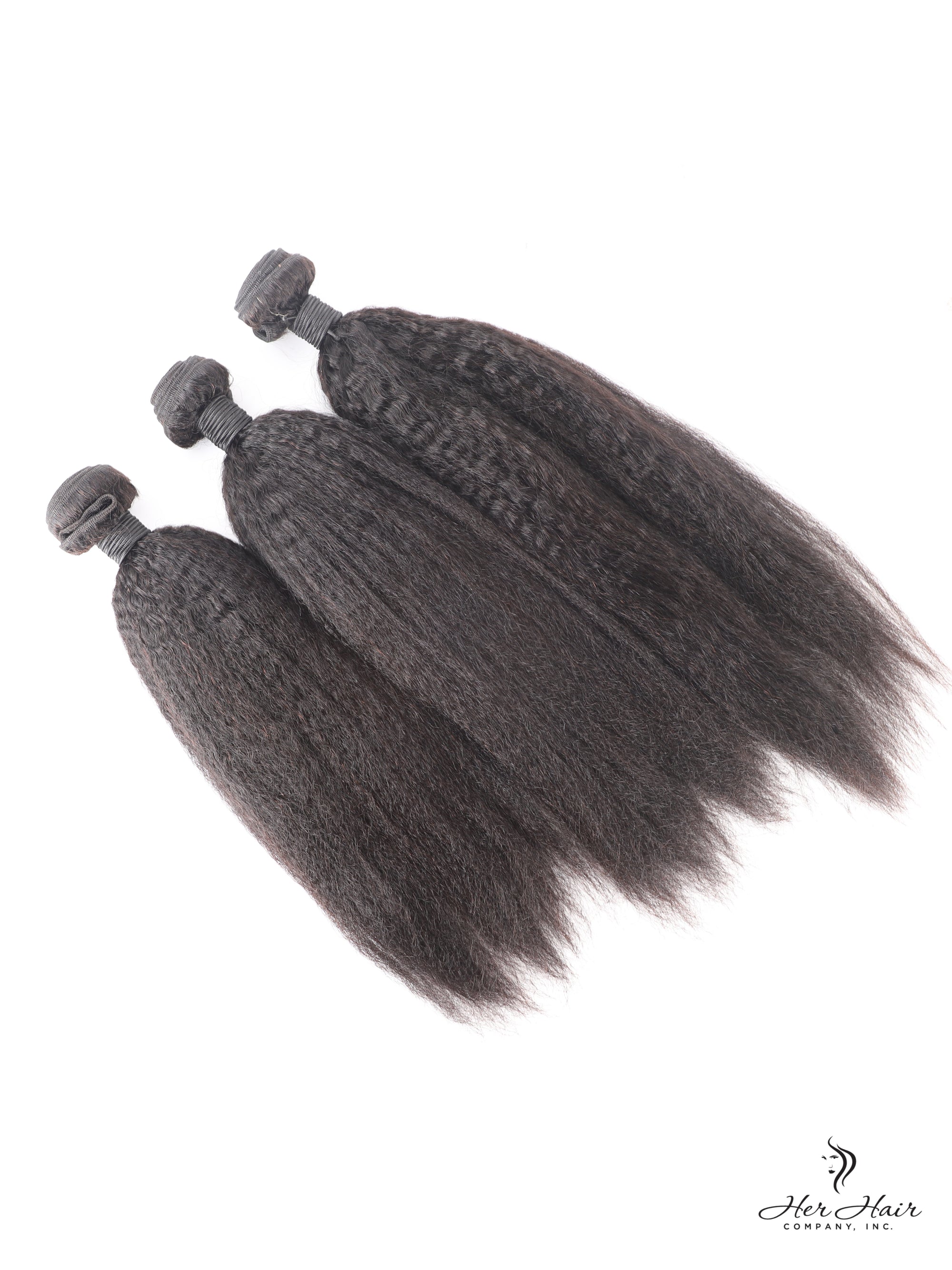 Brazilian kinky straight hair 3 bundle deal with a standard frontal closure from Her Hair Company, showcasing natural straight hair bundles.