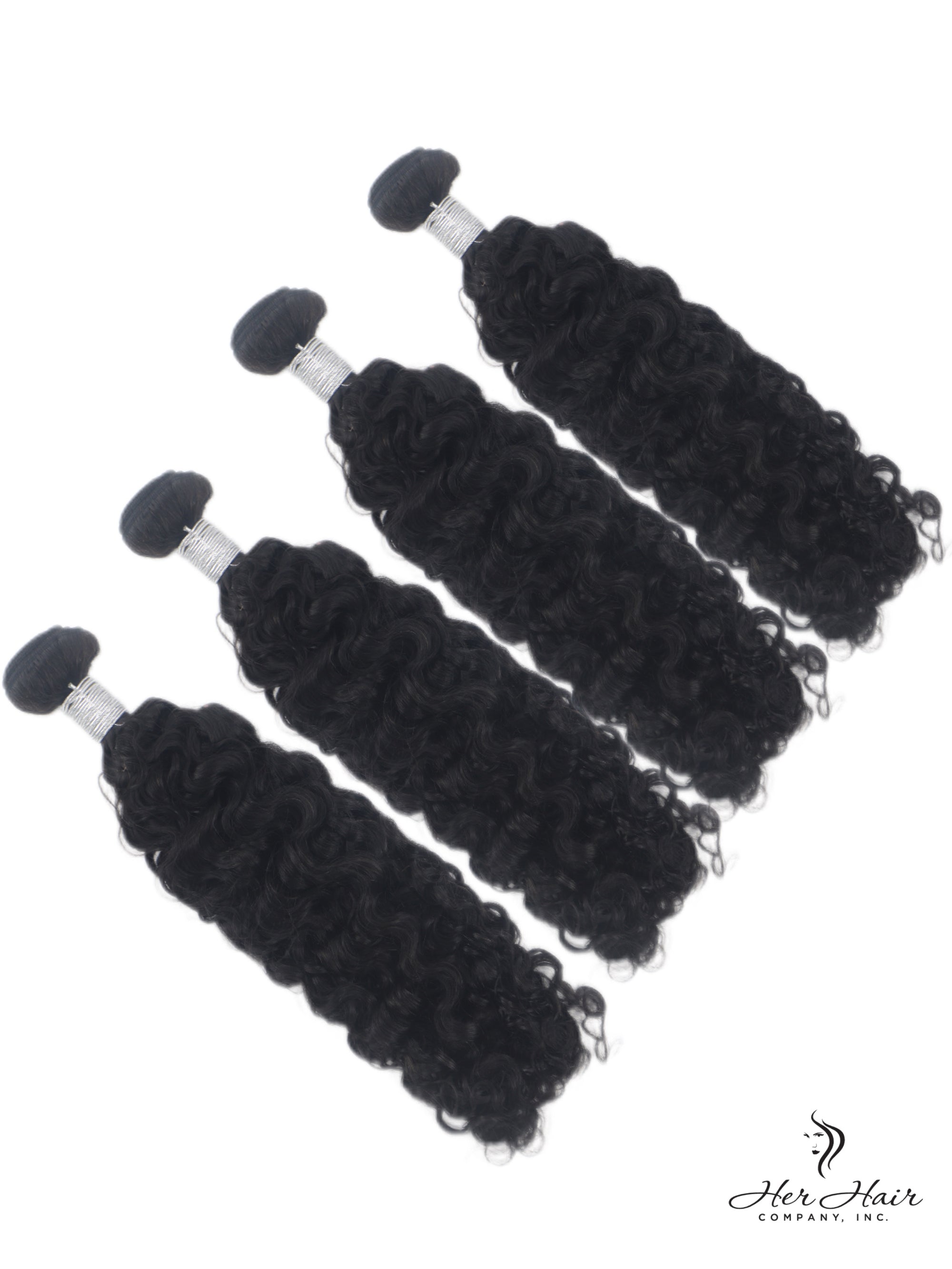 Her Hair Company Brazilian Water Wave hair bundles, four-piece standard bundle deal, showing lush, wavy hair extensions.
