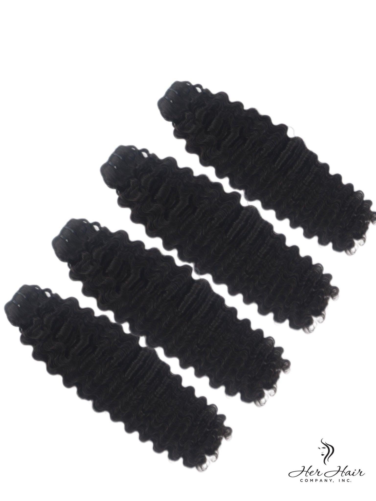 Burmese raw curly hair bundles from Her Hair Company, four-piece standard bundle deal with natural curly texture.