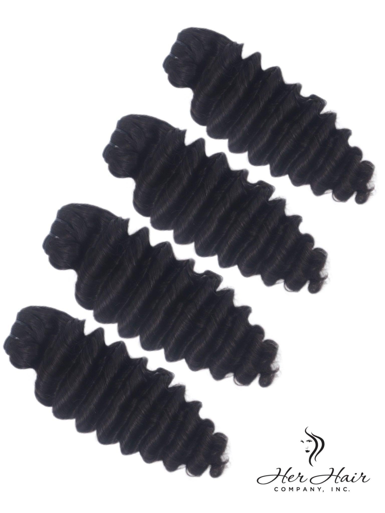 Burmese Raw Deep Wave hair bundles from Her Hair Company, showing four natural deep wave bundles with hair wefts.