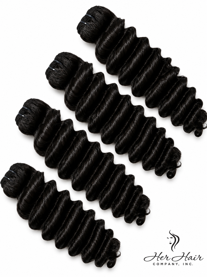 Burmese Raw Deep Wave Hair 4 Bundle Deal by Her Hair Company with bundles in 16, 18, 20, 22 inches, natural wave texture