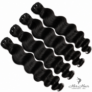 Burmese Raw Loose Deep Wave Hair bundles from Her Hair Company, 4-pack bundle deal with 16-22 inch standard hair bundles.