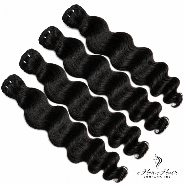Burmese Raw Loose Deep Wave Hair bundles from Her Hair Company, 4-pack bundle deal with 16-22 inch standard hair bundles.