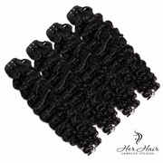 Burmese raw wavy hair bundles from Her Hair Company, 4-pack standard bundle with 16, 18, 20, 22-inch hair extensions.