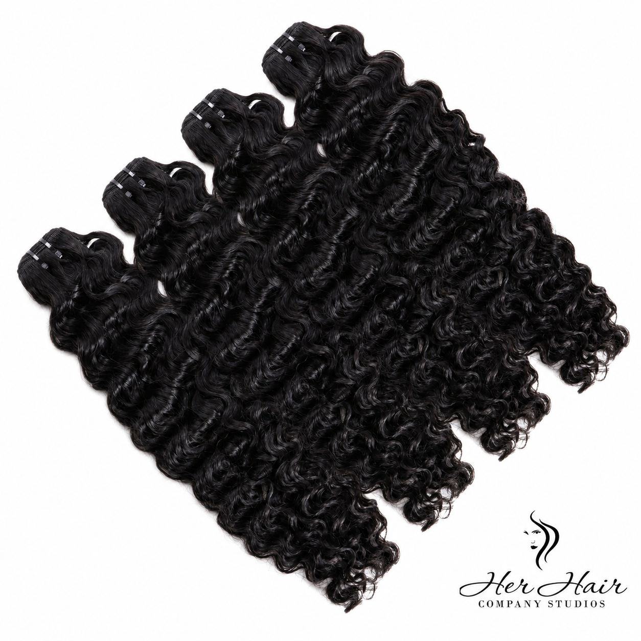 Burmese raw wavy hair bundles from Her Hair Company, 4-pack standard bundle with 16, 18, 20, 22-inch hair extensions.