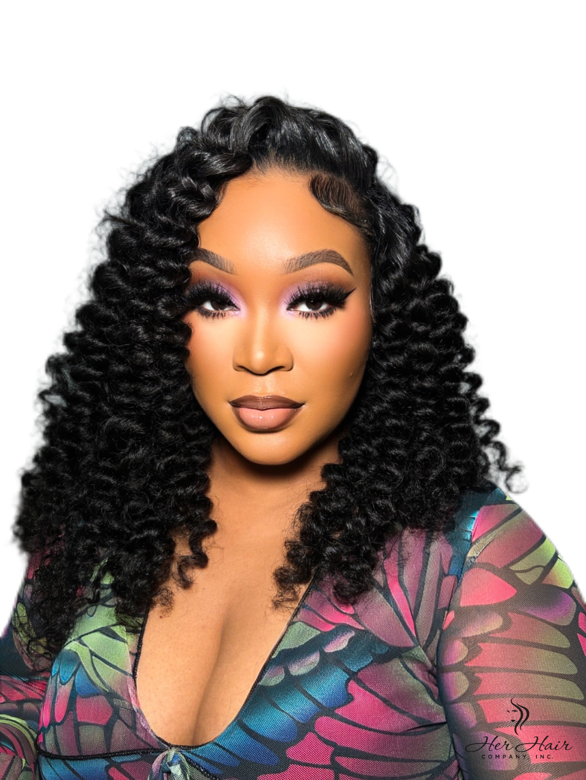 Three bundles of Brazilian Water Wave hair from Her Hair Company, showing shiny, natural water wave texture and hair bundles.