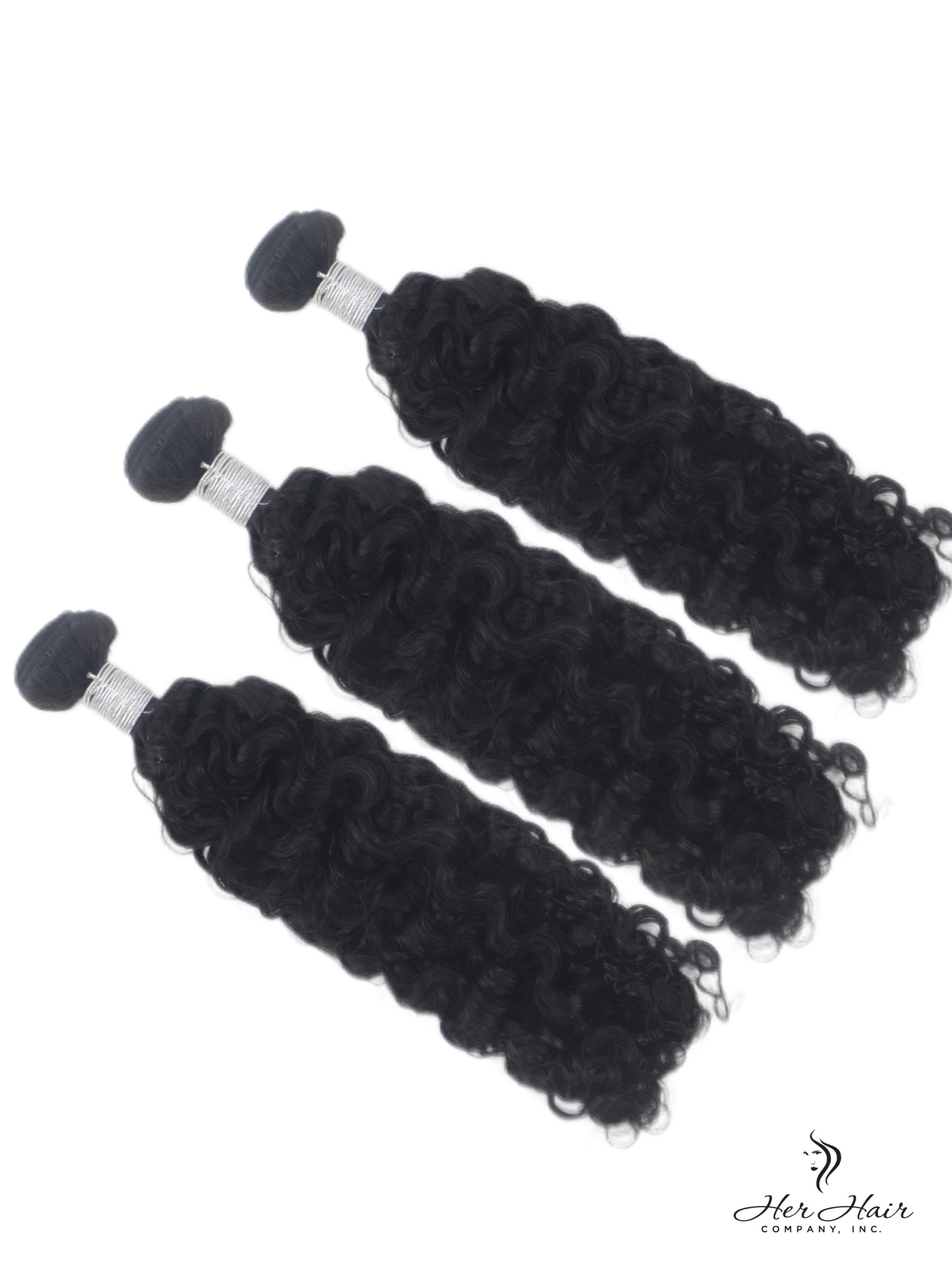 Brazilian Water Wave hair bundles from Her Hair Company, three-pack standard bundle of natural, curly water wave hair.