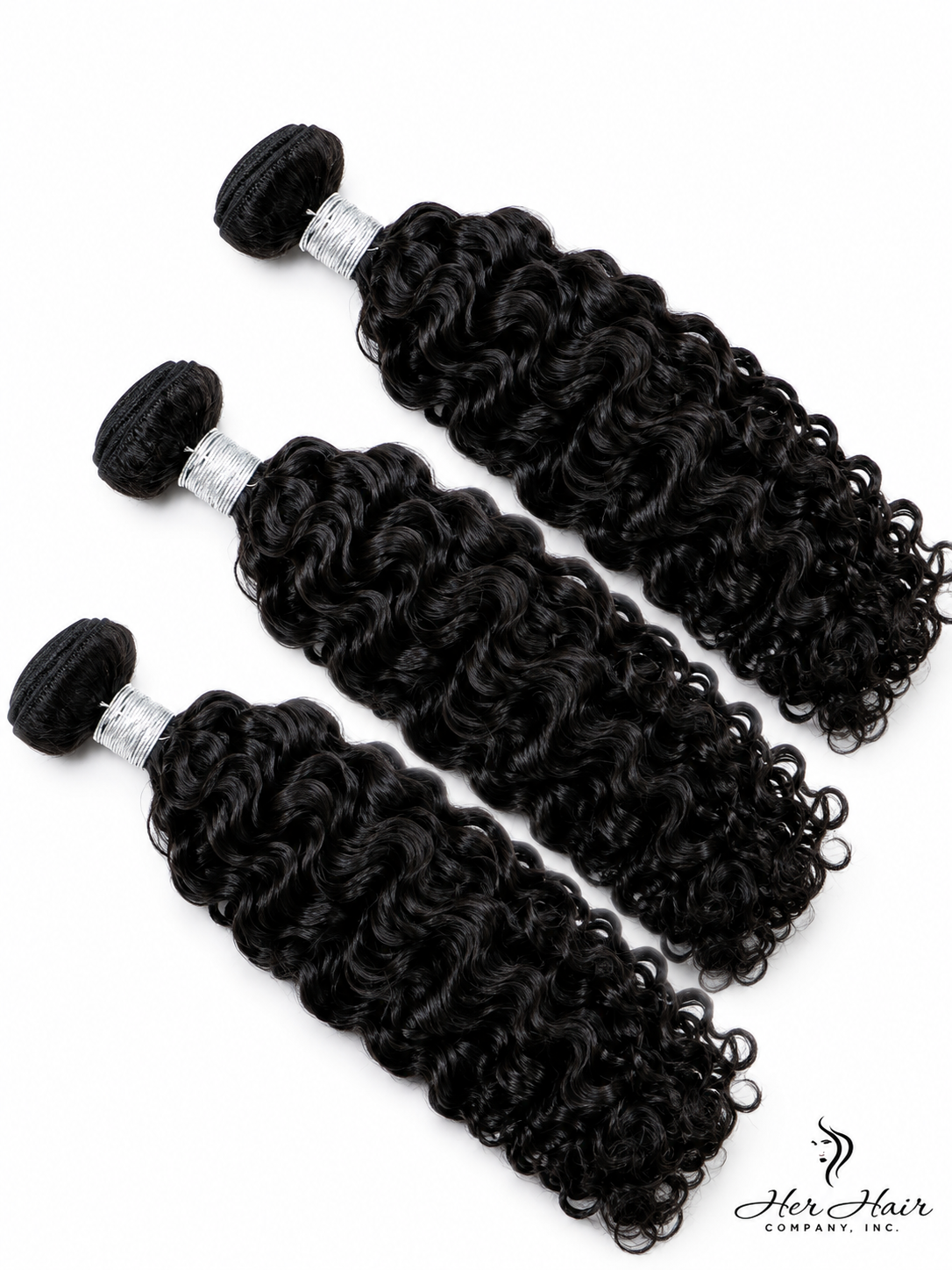 Brazilian Water Wave Hair 3 Bundle Deal from Her Hair Company with 16, 18, and 20-inch standard bundles, natural wavy texture.