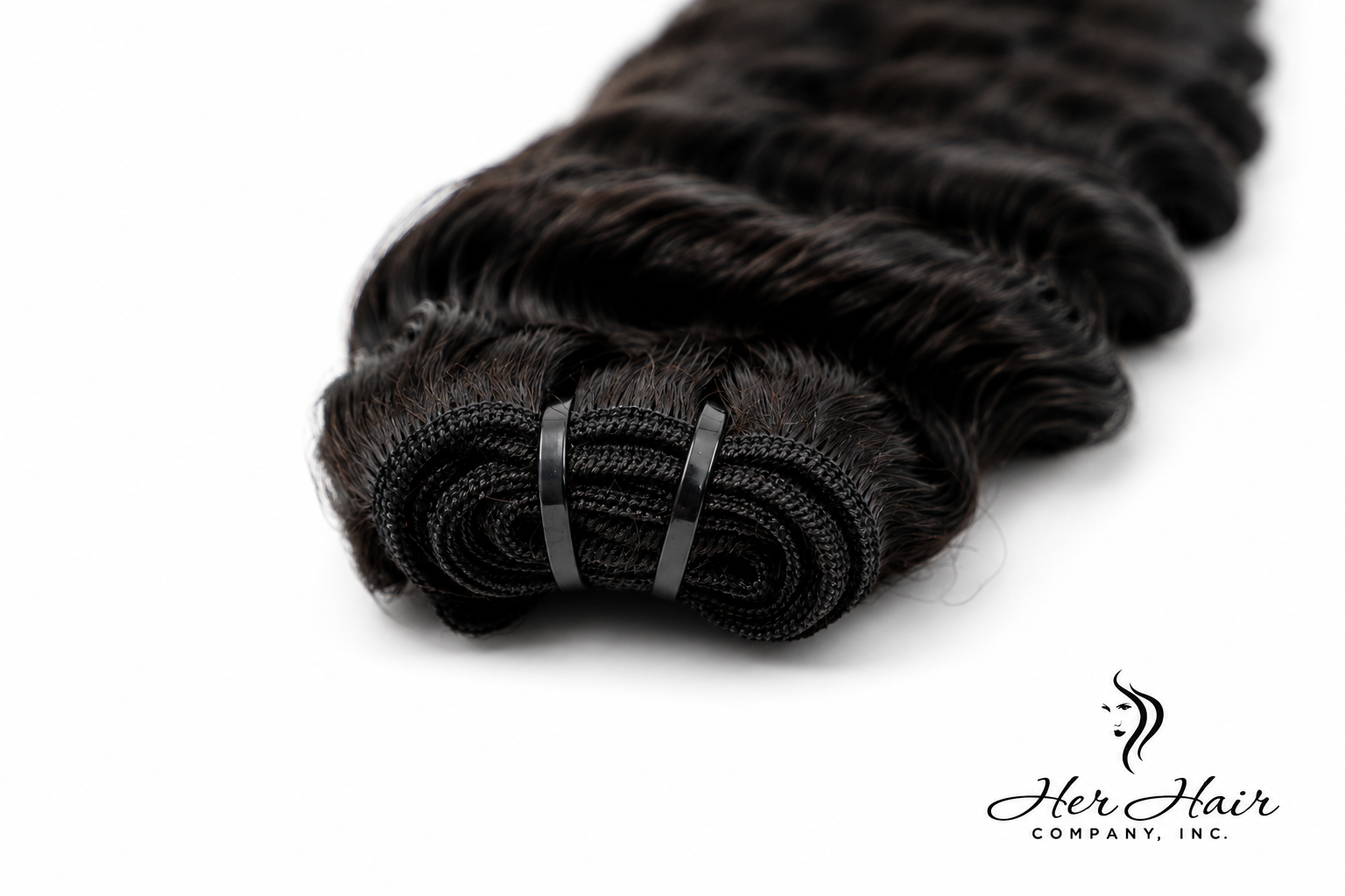 Her Hair Company Burmese Raw Deep Wave Hair 4 Bundle Deal, showing four bundles of natural deep wave hair in 16, 18, and 20 inches.