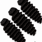 Three bundles of Her Hair Company Burmese Raw Deep Wave hair, including 16, 18, and 20-inch standard bundle deal.