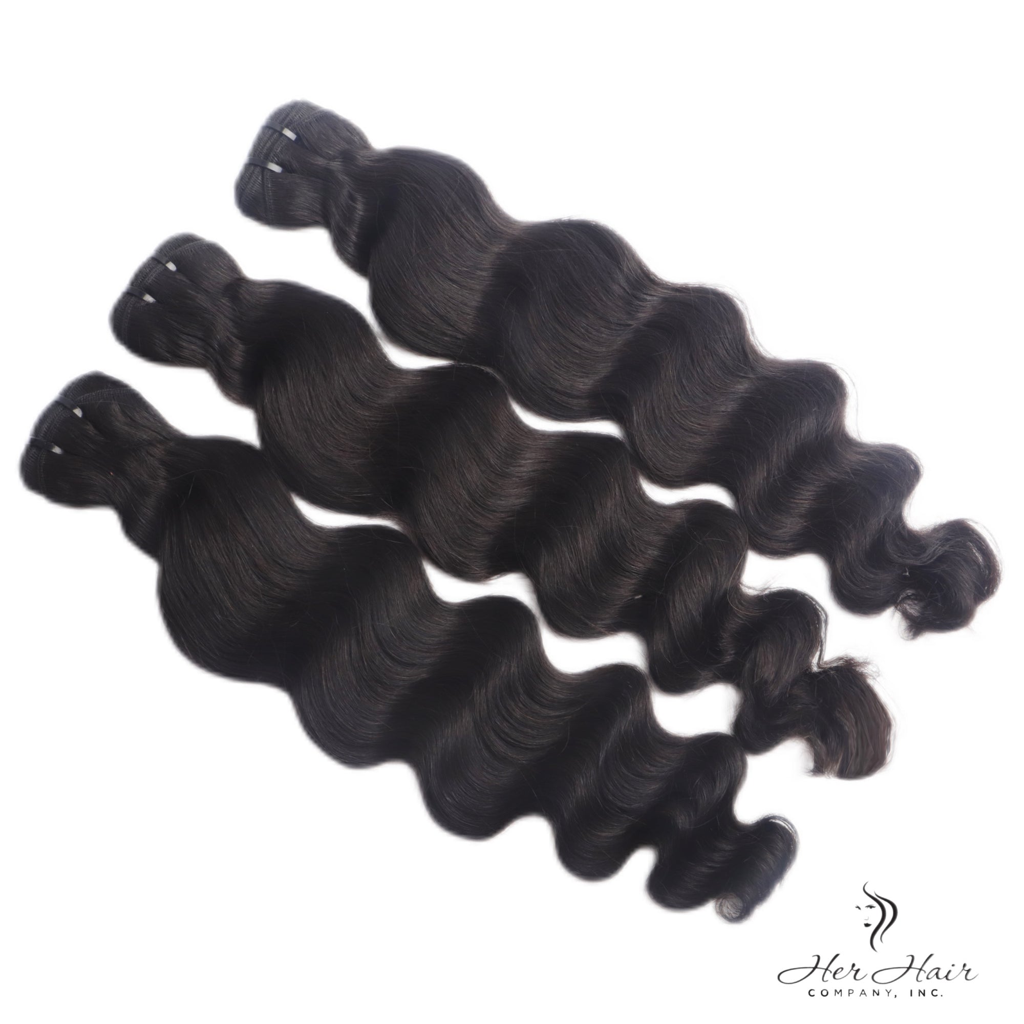 Three bundles of Burmese raw deep wave hair from Her Hair Company, showcasing the textured, natural deep wave style.