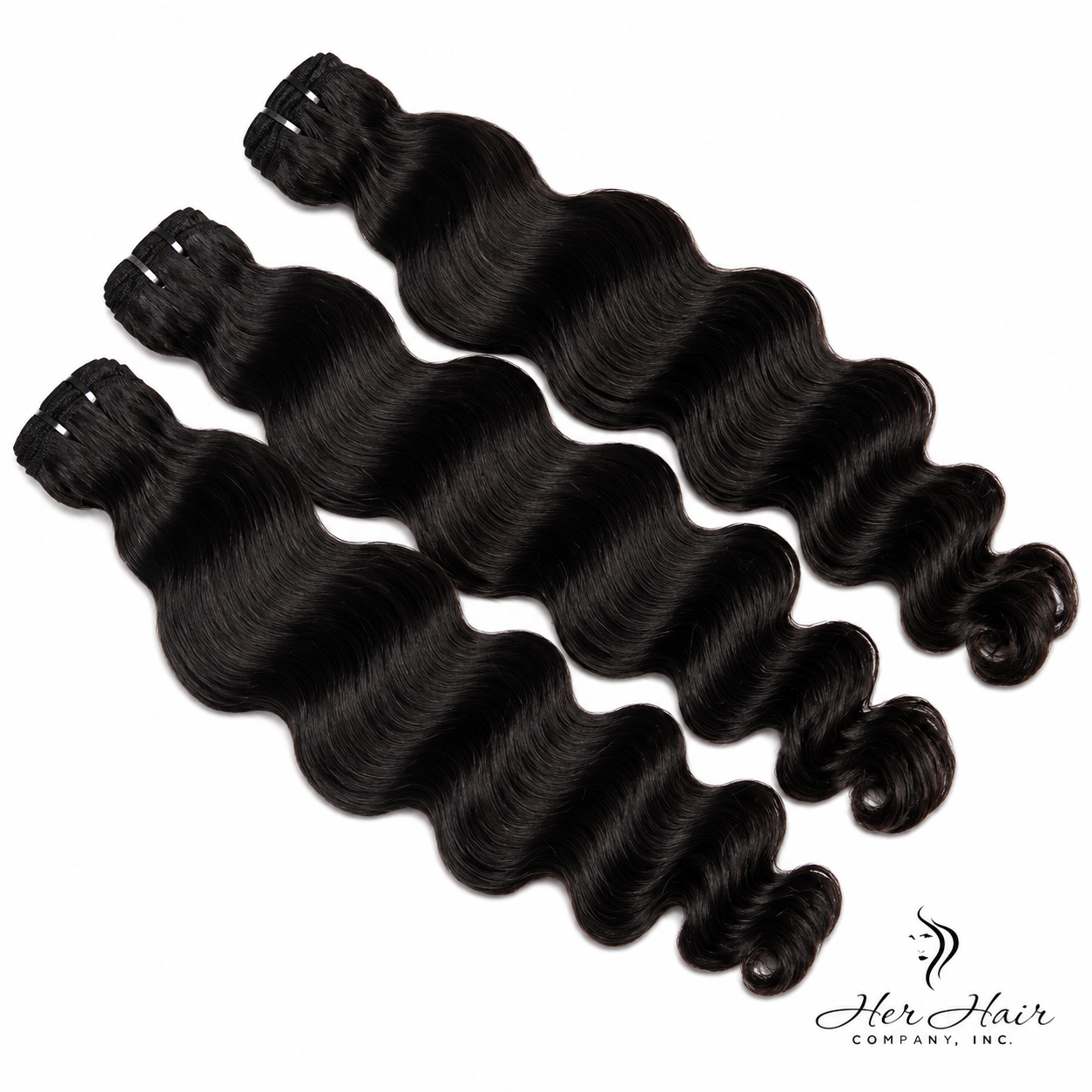Three bundles of Burmese Raw Loose Deep Wave Hair by Her Hair Company, showing the textured, wavy hair extensions.