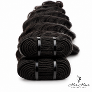 Three bundles of Burmese Raw Loose Deep Wave Hair from Her Hair Company, showcasing natural wave texture and bundle packaging.