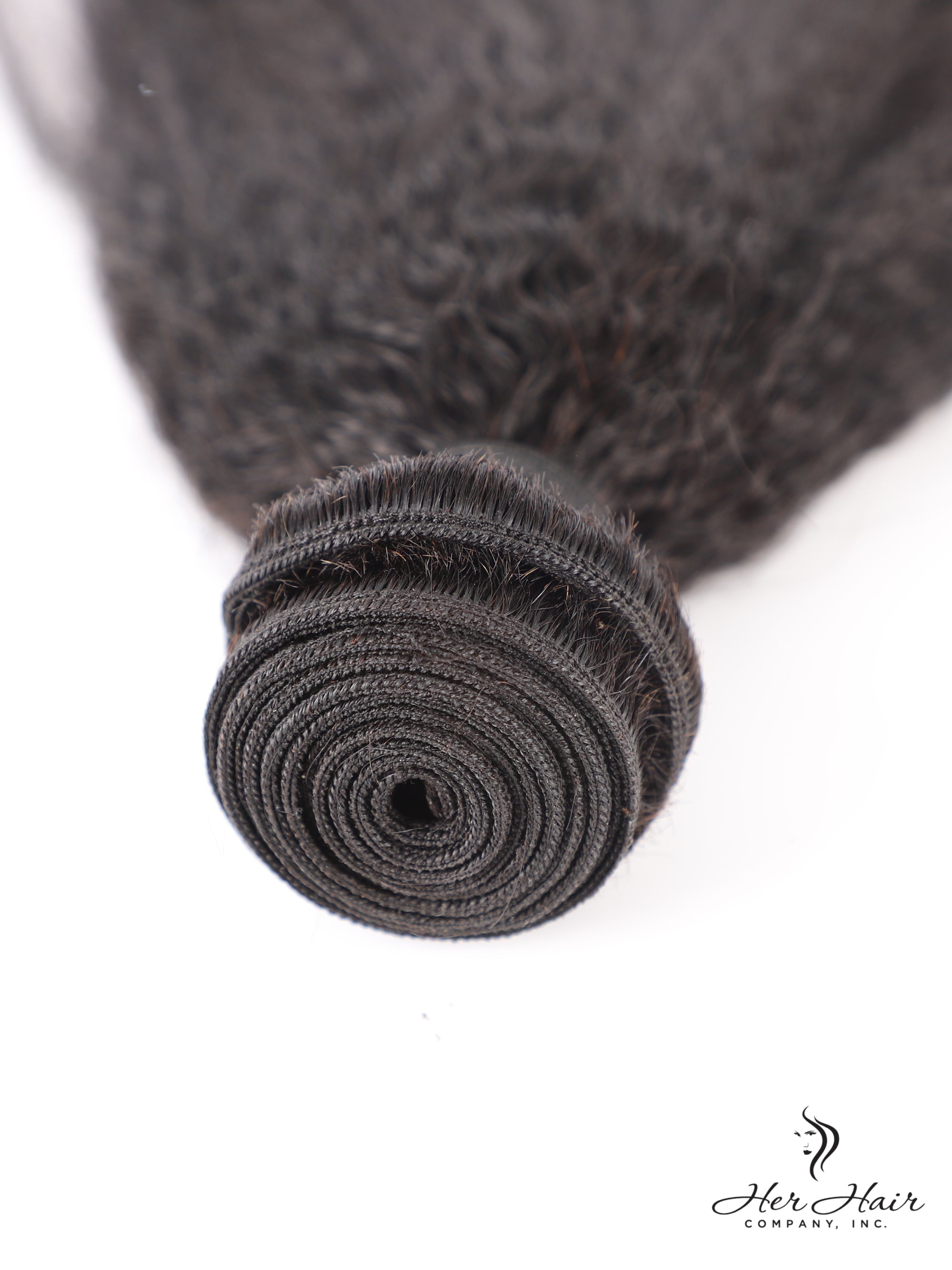 Brazilian kinky straight hair bundle from Her Hair Company, showing the virgin kinky straight hair extension in natural black color.