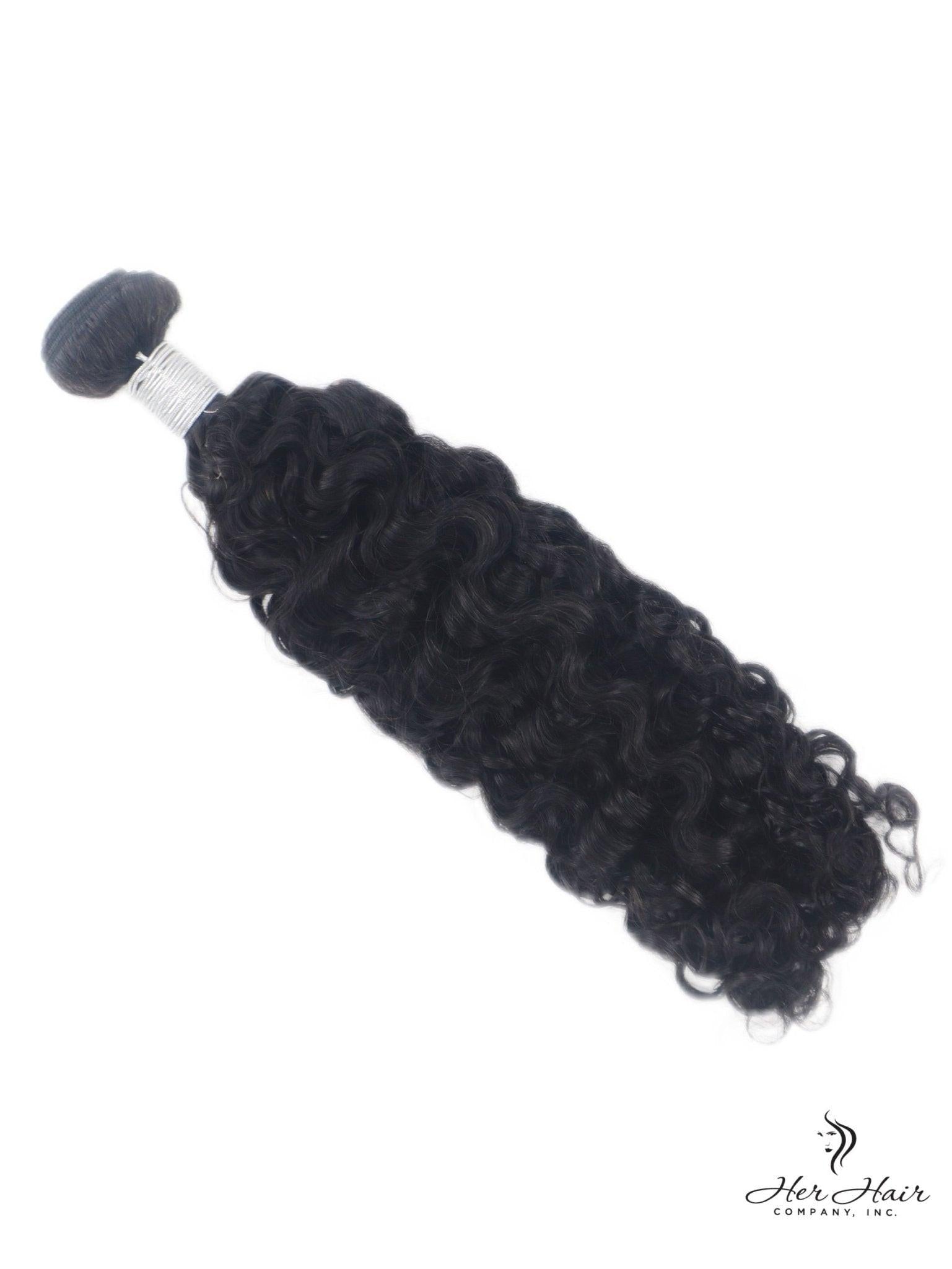 Brazilian Water Wave hair bundle by Her Hair Company, showing silky, wavy virgin hair in a standard bundle arrangement.