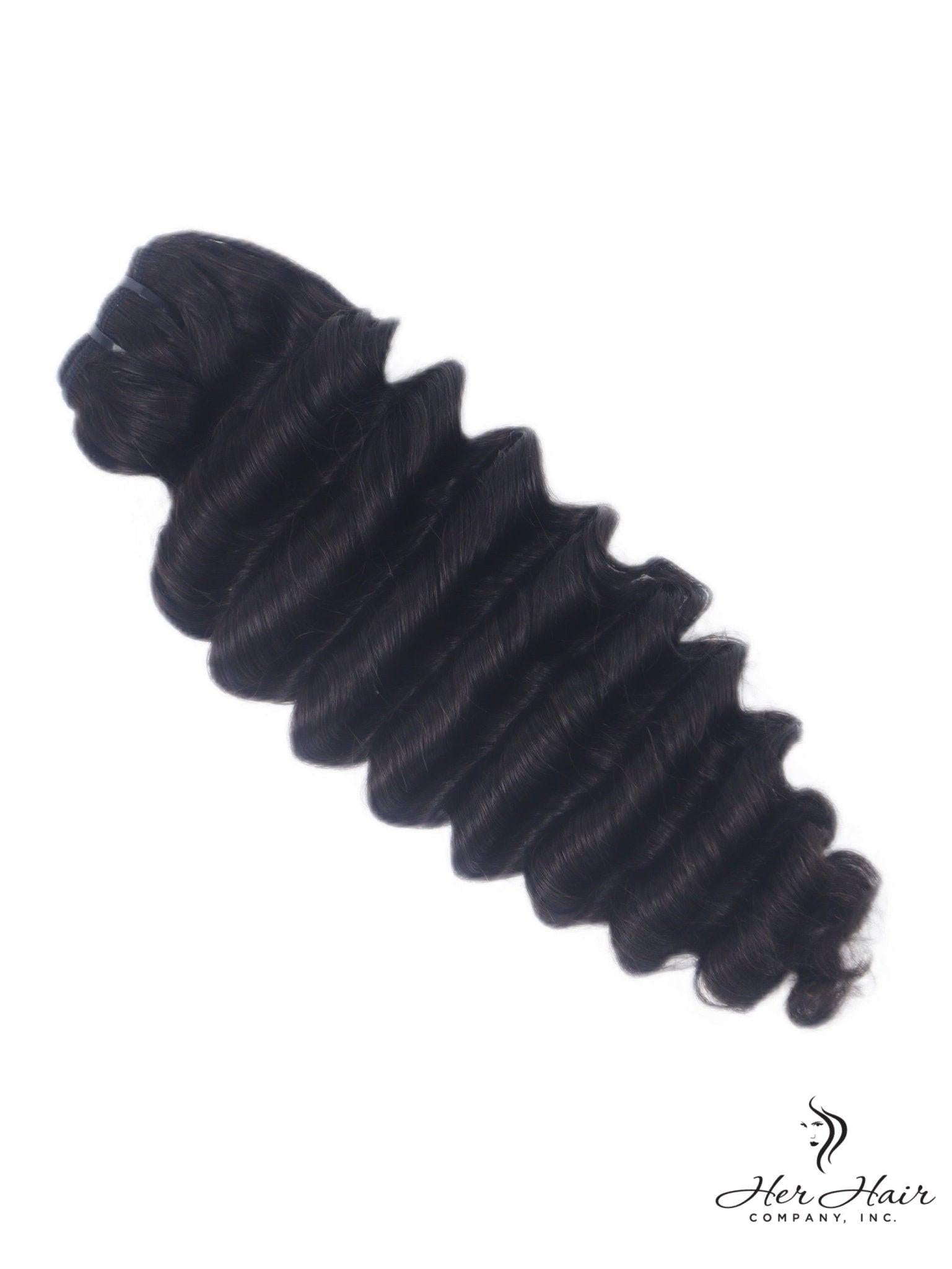 Burmese raw deep wave hair bundle by Her Hair Company showing soft, natural wave pattern and rich hair texture.