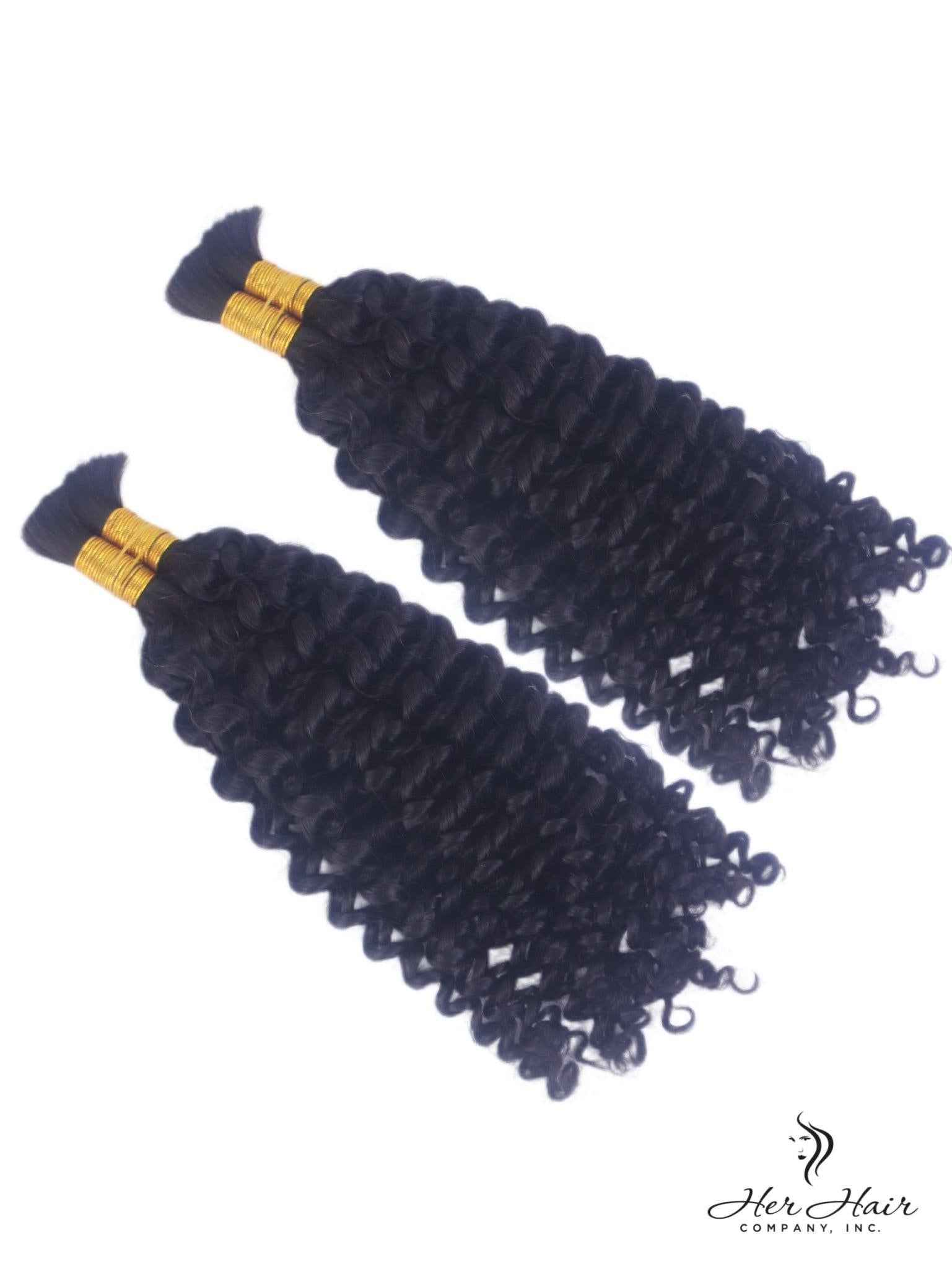 Deep curly bulk hair bundle from Her Hair Company, showing thick, natural-looking deep curly hair strands in a standard bundle.