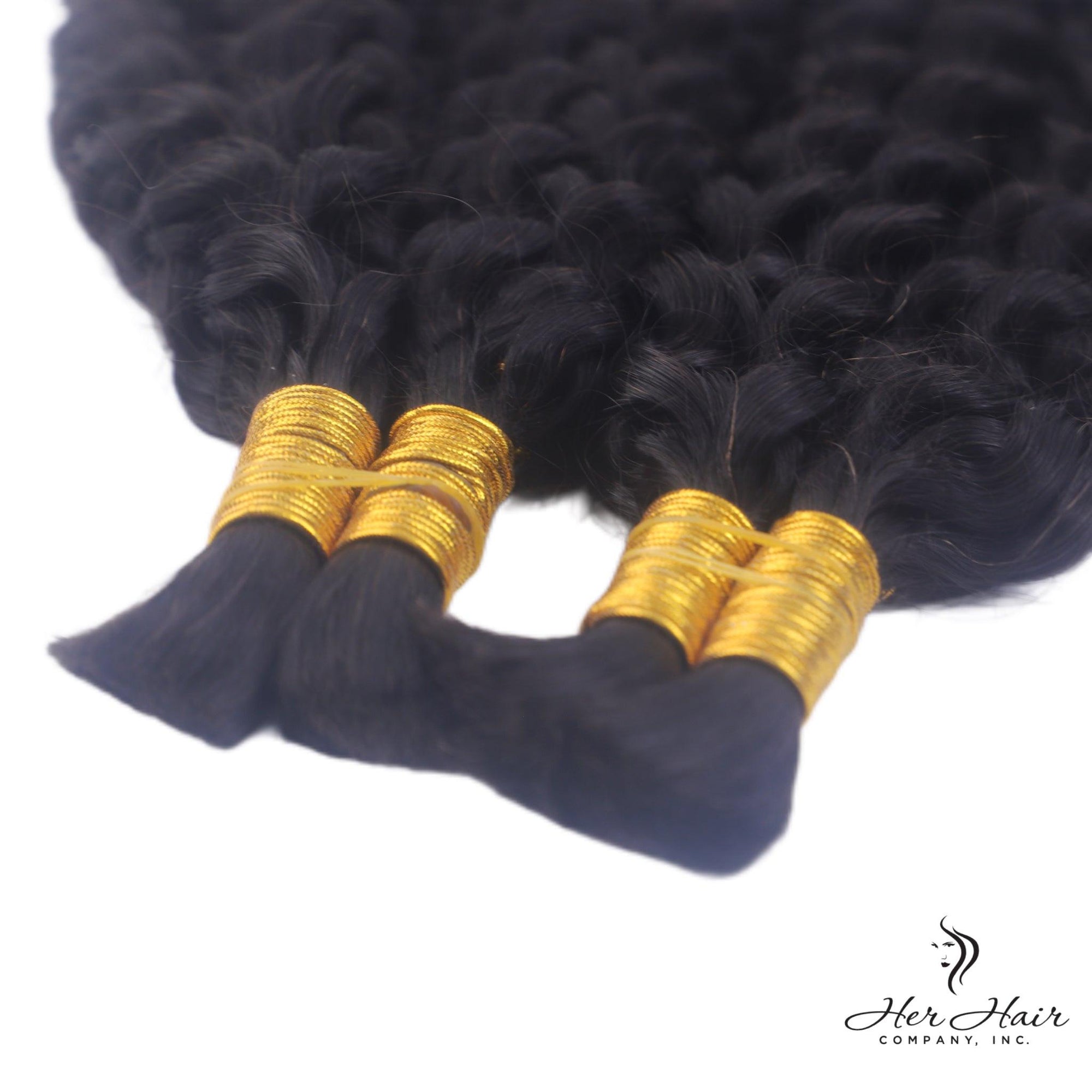 Standard bundle of deep curly bulk hair from Her Hair Company, showing thick, voluminous deep curly hair extensions.