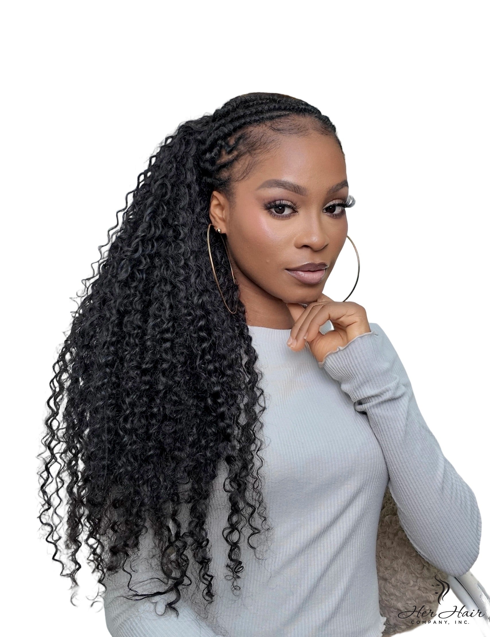 Deep curly virgin hair bundle from Her Hair Company, standard bulk bundle showing rich, full deep curly texture and natural shine.