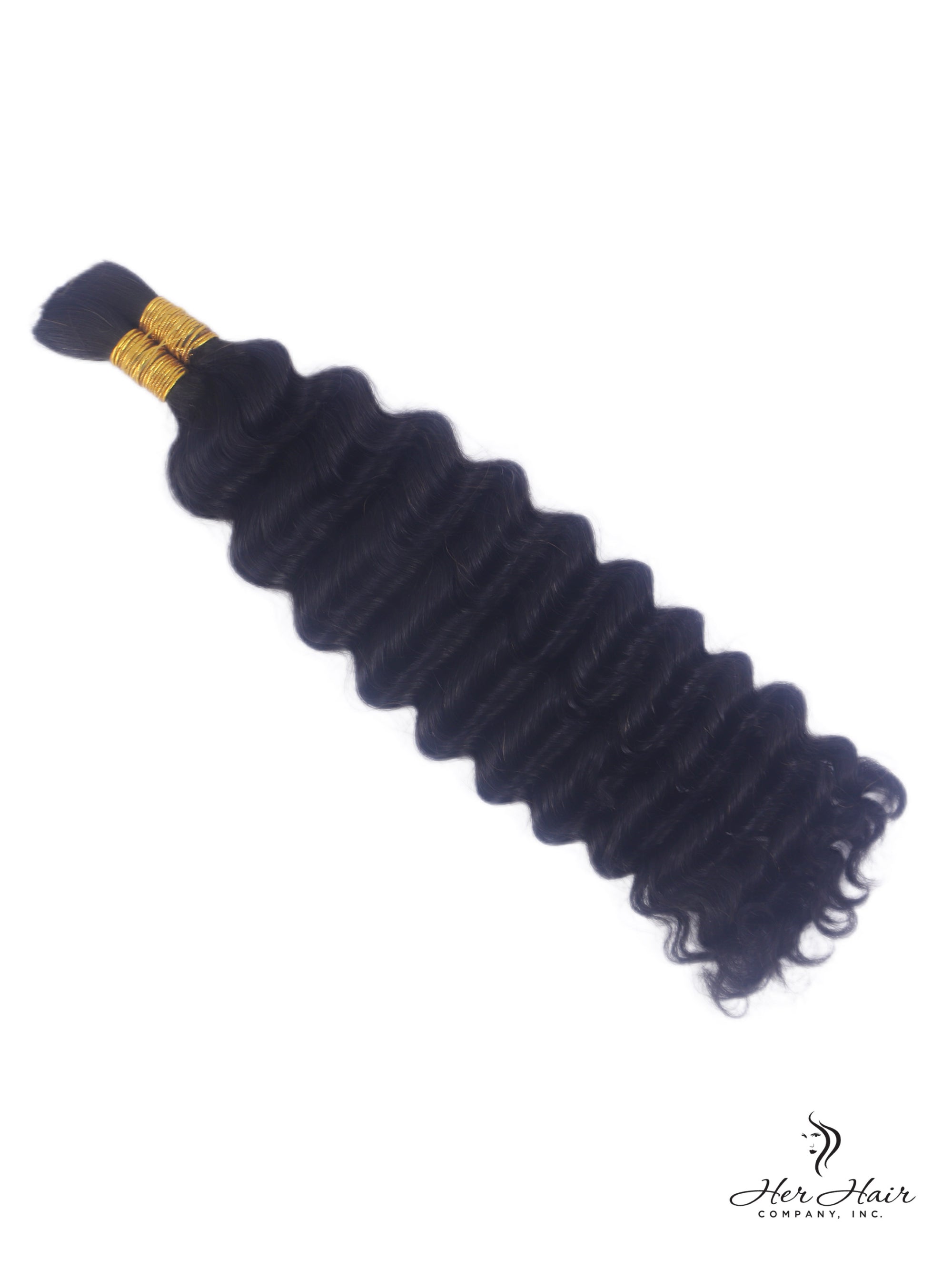 Deep wave bulk hair from Her Hair Company, standard bundle showing soft, textured deep wave hair suitable for extensions.