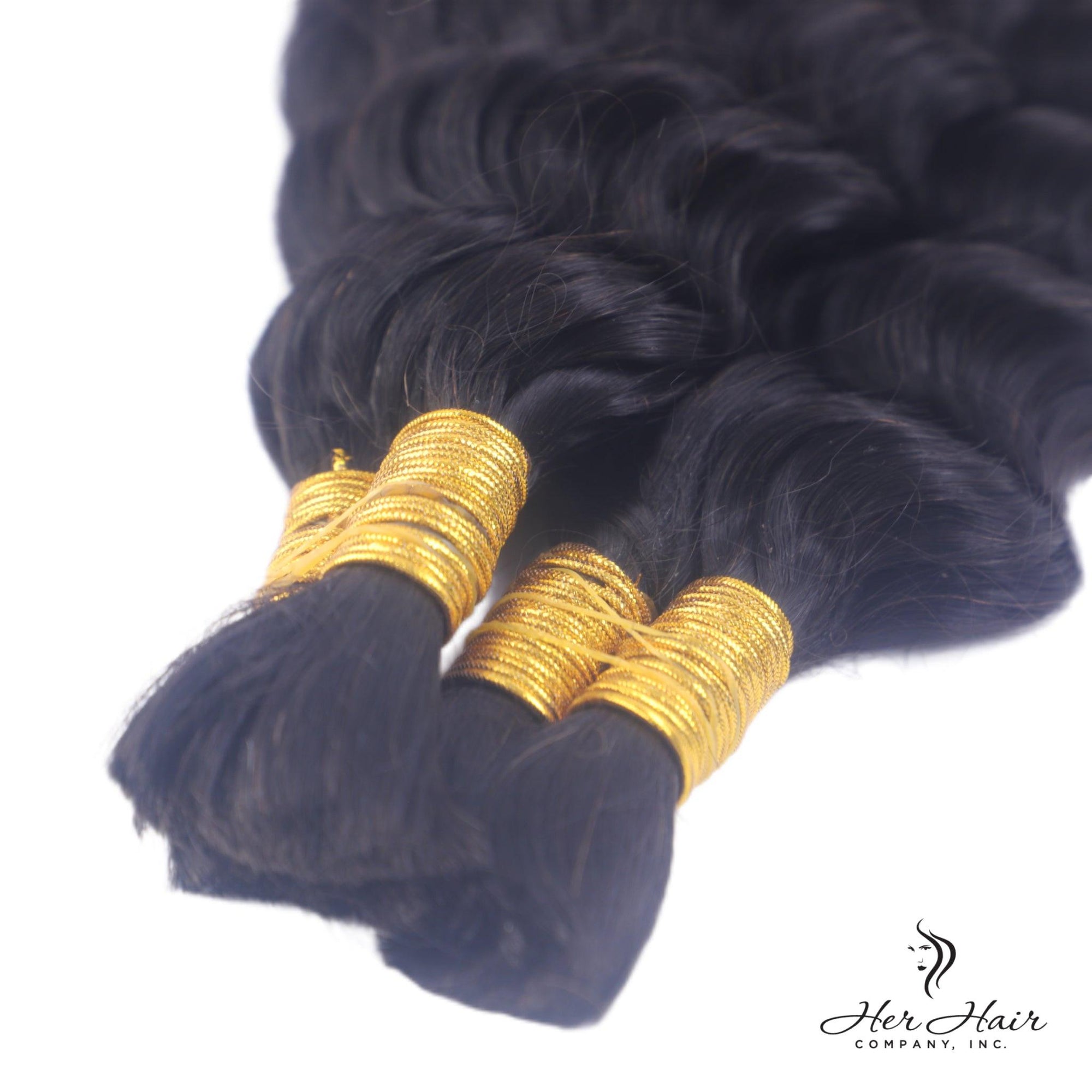 Deep wave bulk hair from Her Hair Company, standard bundle of natural deep wave hair with soft, curly texture.