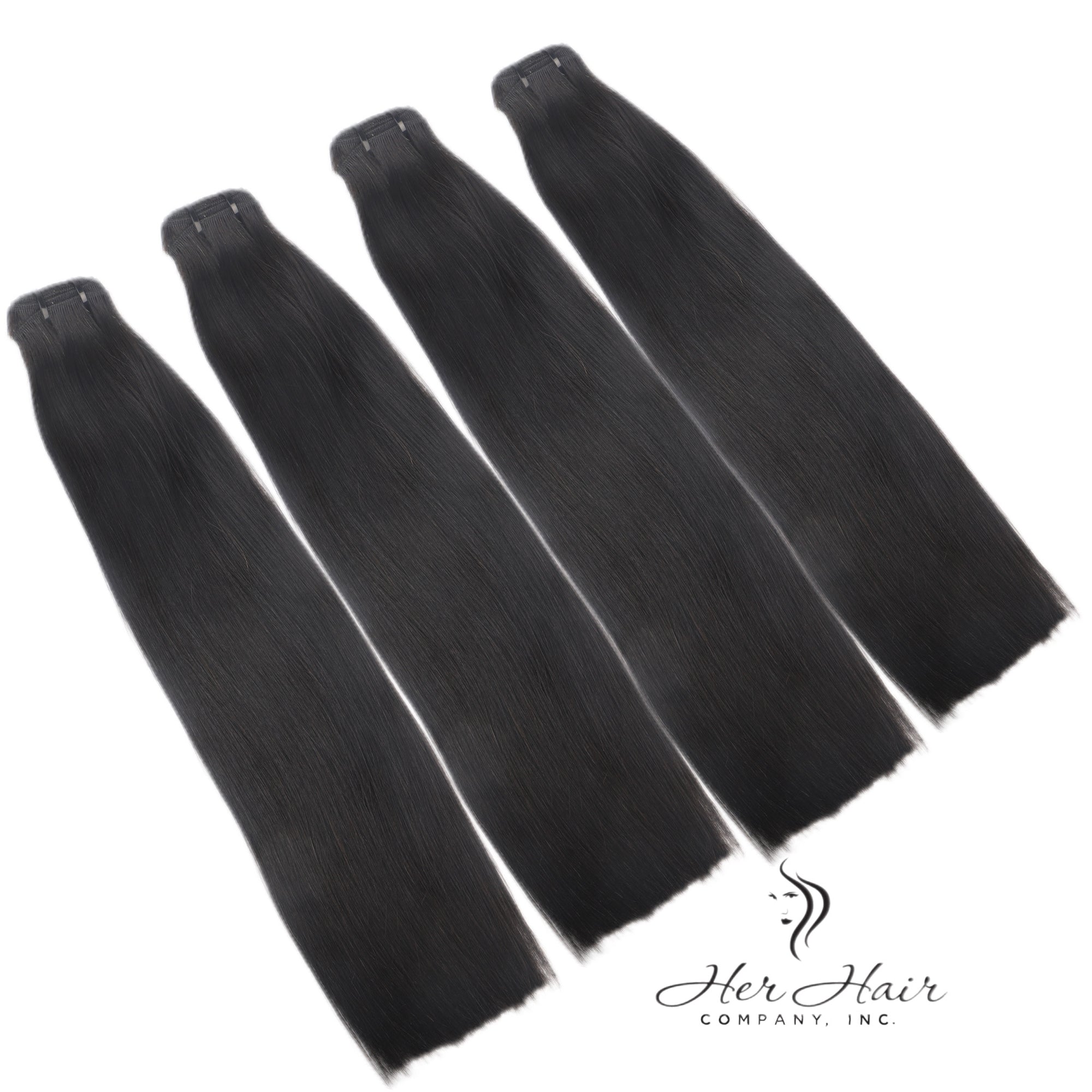 Brazilian Double Drawn Hair standard bundle from Her Hair Company, showing four bundle extensions with smooth, natural hair strands.