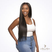 Burmese raw straight hair bundle from Her Hair Company, 18-inch Brazilian double-drawn hair in a standard 3-bundle deal.