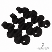 Three bundles of Her Hair Company Brazilian Double Drawn Straight Hair, 18-inch standard bundle deal, showing the silky hair texture.